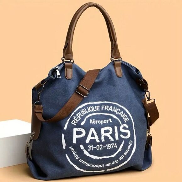 NWT Gorgeous PARIS, Blue Denim Canvas Graphic Convertible Crossbody Shoulder Bag - Picture 1 of 12